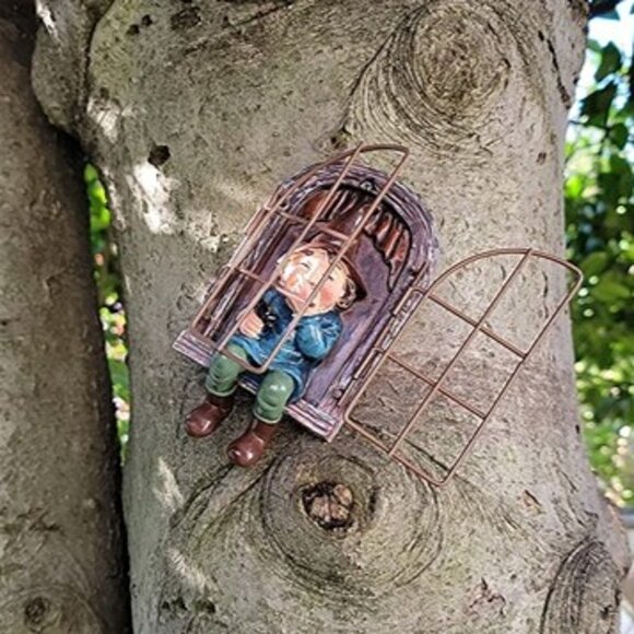 NEW Garden Gnome Statue, Elf Out The Door Tree Hugger -5.9", Funny Garden Tree - Picture 2 of 8